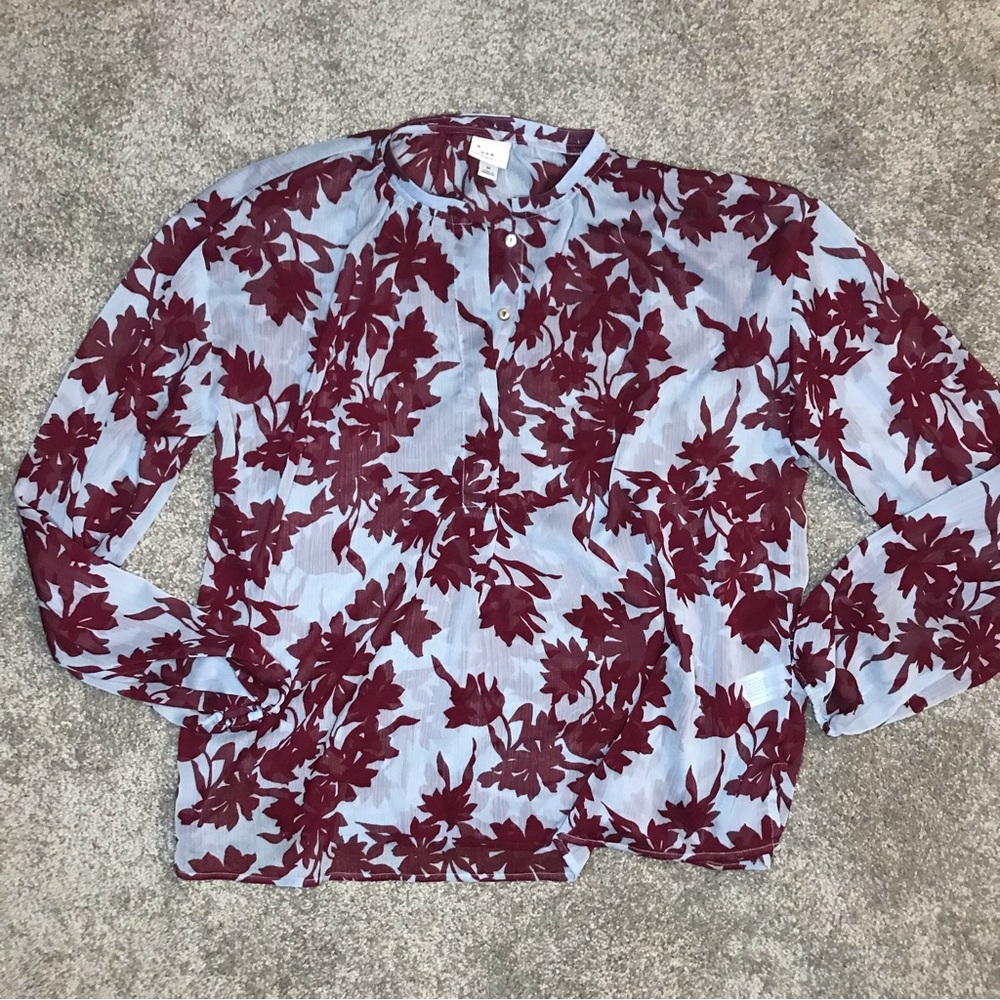 A New Day Burgundy‎ Blue Sheer Long Sleeve Blouse Size Medium